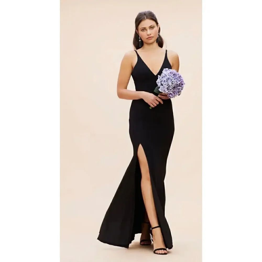 Dress the Population NWT Iris Slit Crepe Gown Black Dress Size Large